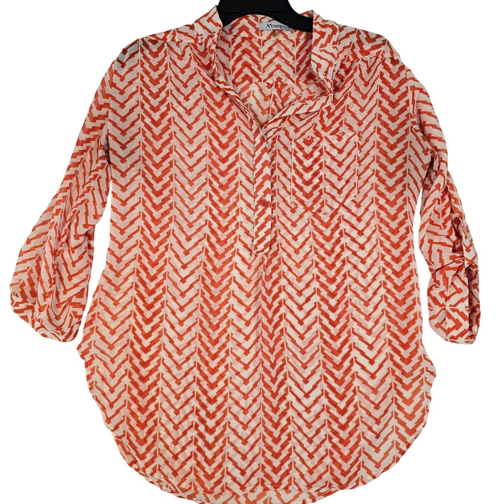 Xtaren Orange White Chevron Print Henley‎ Roll Tab Sleeve Tunic Top Medium